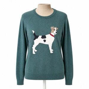 Jack Russell Terrier Dog Embroidered Sweater Sz S Green Knit Long Sleeve Novelty
